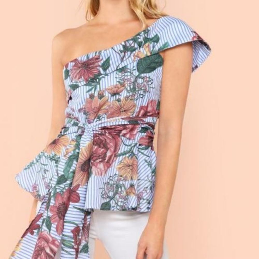 Shein One‎ Shoulder Blue Floral Blouse